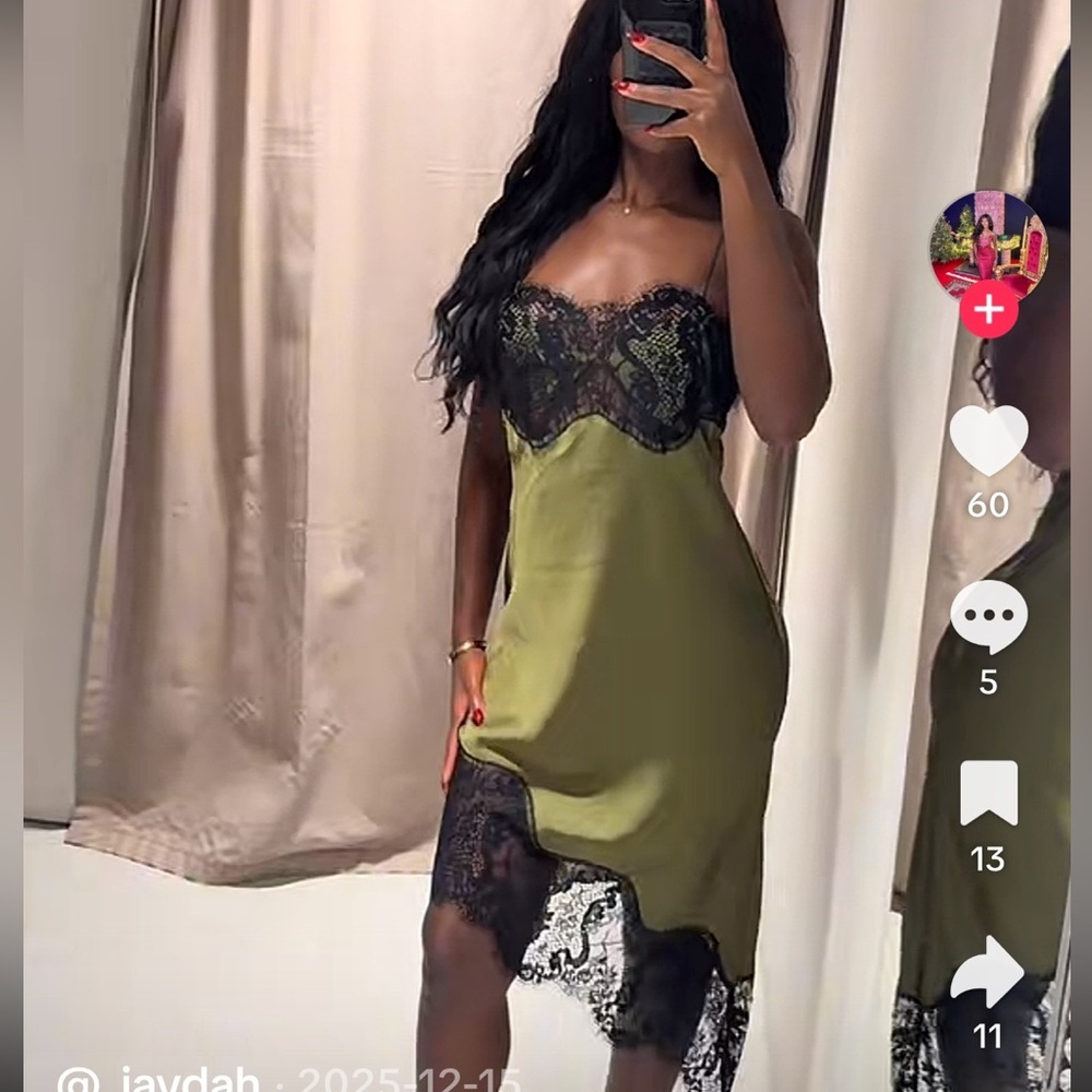 Zara Olive Green Satin Asymmetrical Slip Dress with Black Lace - Picture 9 of 13